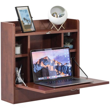 BASICWISE Wall Mount Folding Laptop Writing Computer or Makeup Desk with Storage Shelves and Drawer, Cherry QI004015.CR